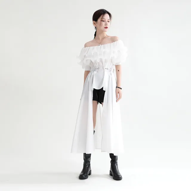 Ruffled Pleated Chiffon Panel Shirt Dress White - Shop at LoveMi