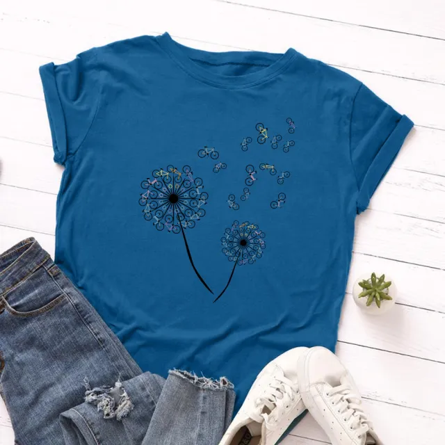 Women's Loose Dandelion Bike Round Neck Short Sleeve T shirt Royal Blue - Shop at LoveMi