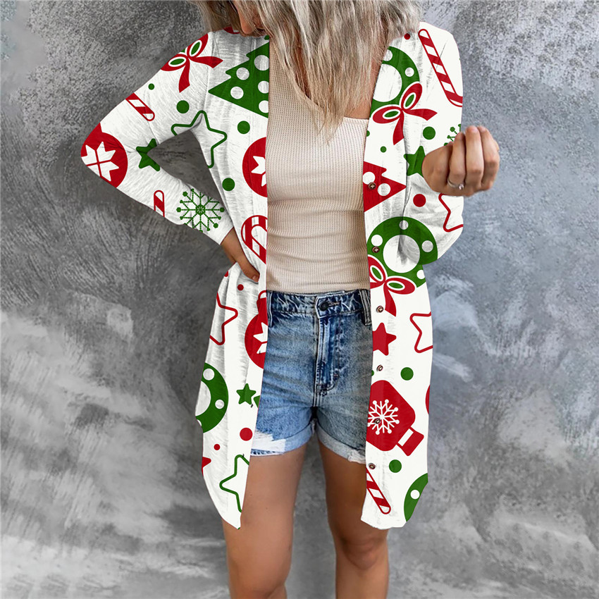 Christmas Print Fashion Button Long Sleeve Cardigan