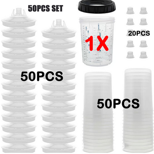 50 Sets Paint Spray Gun Cup Lids Liners Kit  Disposable Paint Spray Gun Cup For Automotive Paint Gun, HVLP Paint Spray Paint Gun, 20 Ounce Kit Paint Mixing Cups - 50 Cup Liners, 50 Lids With Strainer
