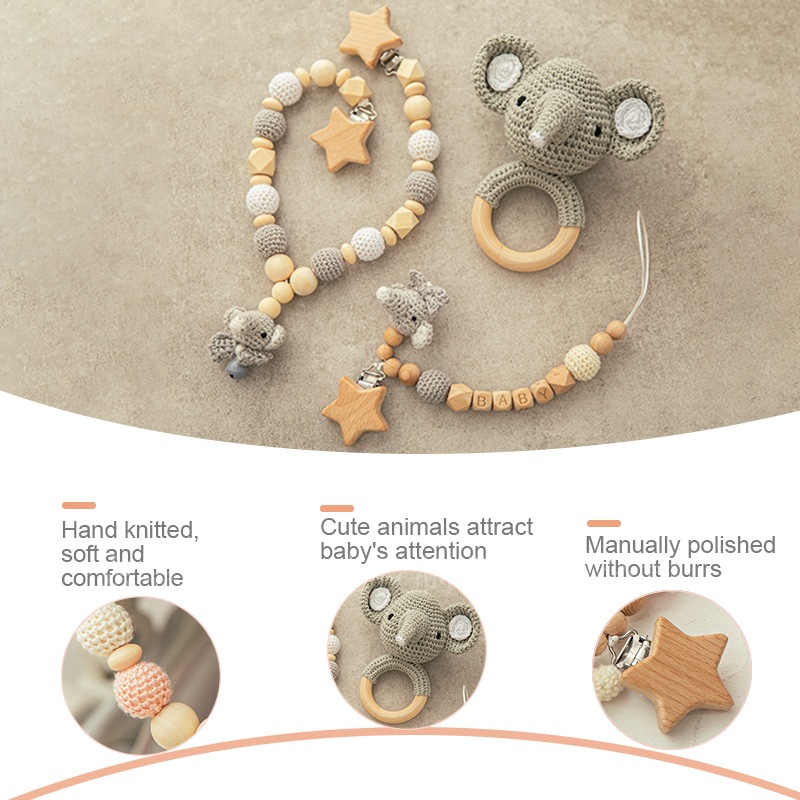 Baby Teether Set: Wooden Rattle, Crochet Toy & Pacifier Chain - MAMTASTIC