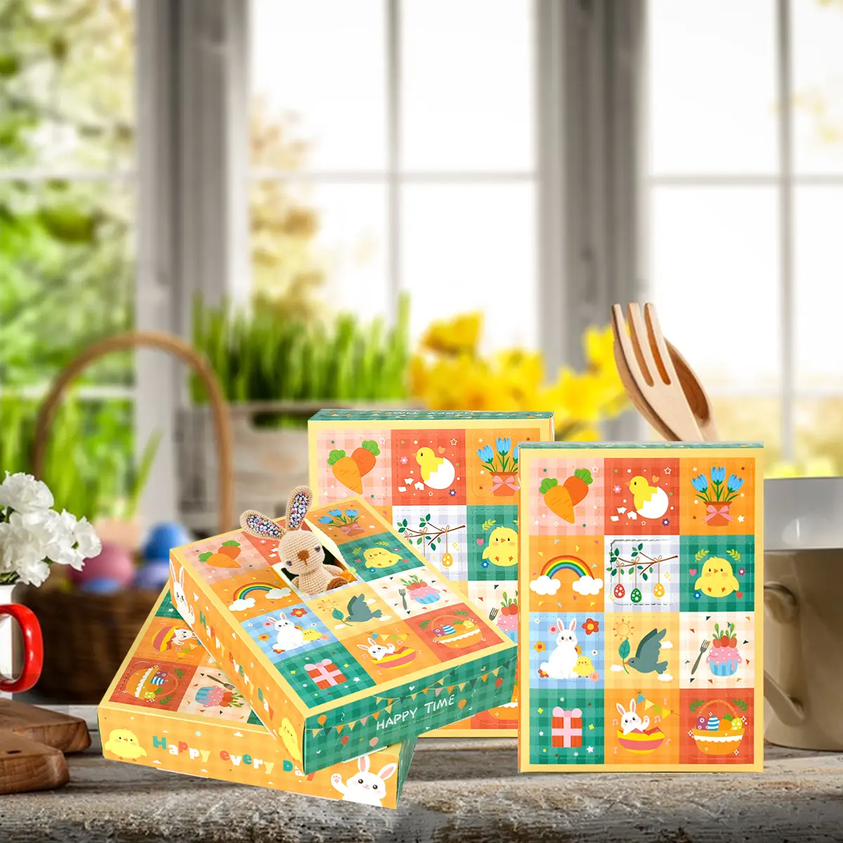 15 Pieces Spring Theme Party Favor Treat Boxes Cute Bunny Carrot Bird Pattern Candy Chocolate Box DIY Holiday Advent Calendar Gift Boxes For Spring Summer Birth