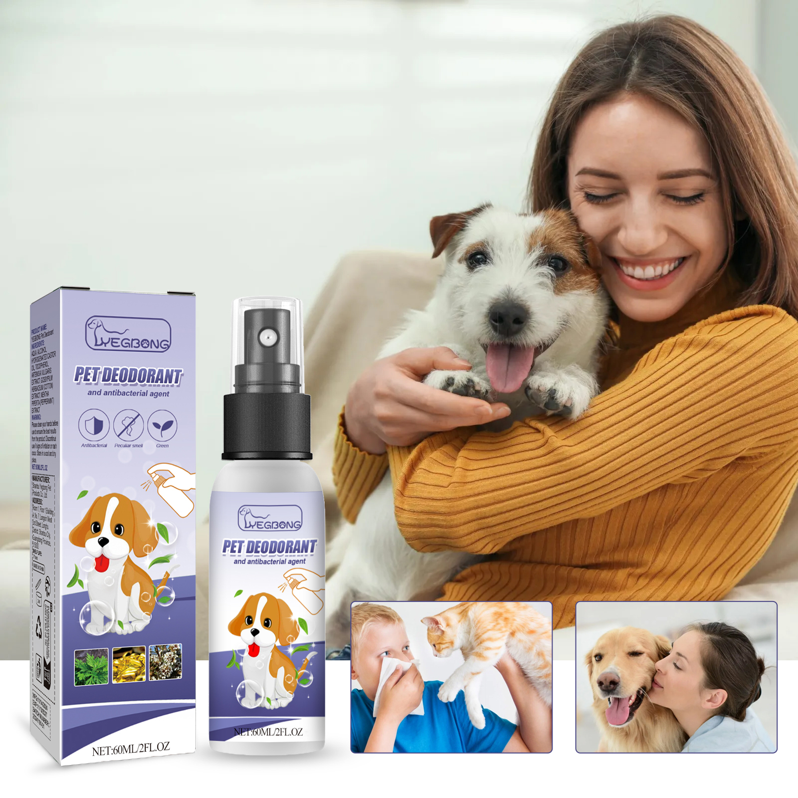 60ml Natural Pet Deodorant Spray With Portulaca & Aloe Extract, Pet Odor Eliminator, Non-Toxic Gentle Formula For Dogs thumbnail 2