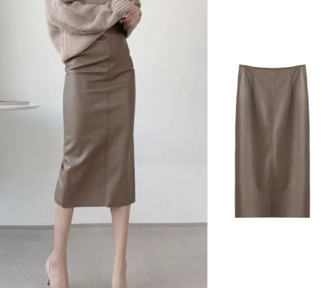 Pu High Waist Bag Hip One Step Back Slit Ladies Skirt Brown - Shop at LoveMi