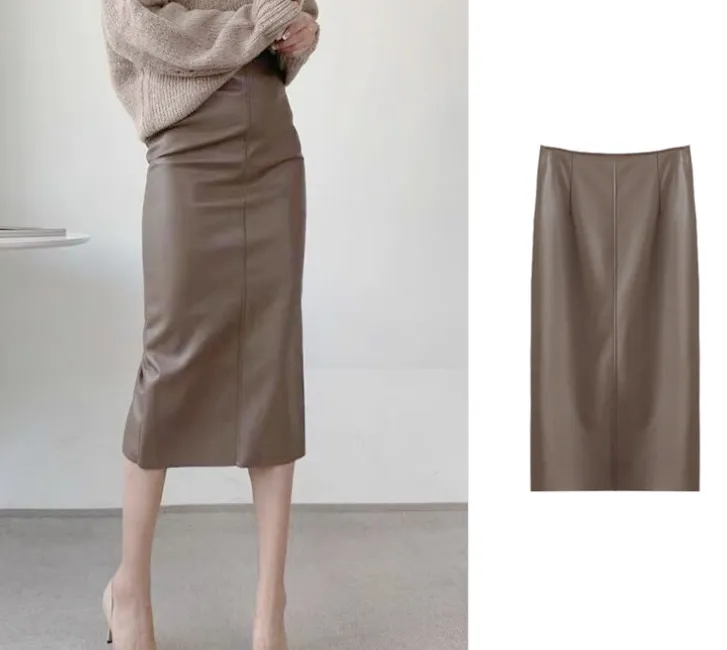 Pu High Waist Bag Hip One Step Back Slit Ladies Skirt - Brown