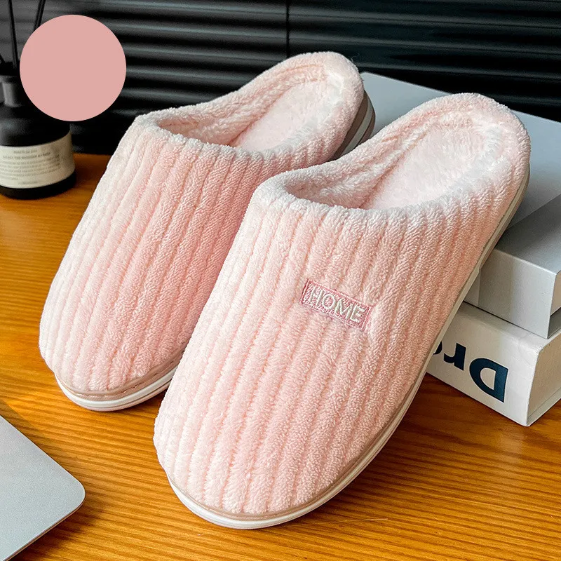 Solid Color Simple Cotton Slippers Winter Non-slip Home Warm Plush Slippers Household Indoor Couple Women's House Shoes - Pink