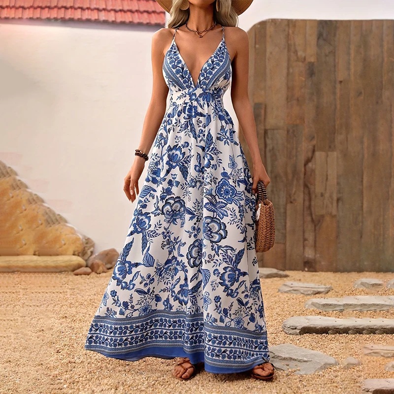 Women's V Neck Strappy Floral Print Backless Maxi Dress, A Line Summer Vacation Dress Blue - Shop at LoveMi