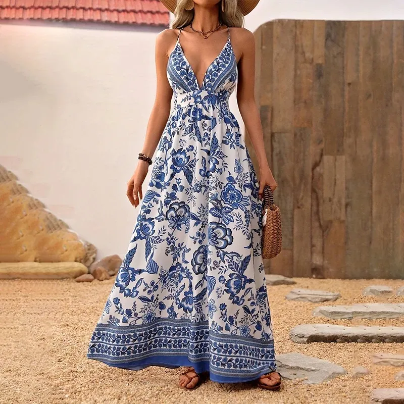 Women's V-Neck Strappy Floral Print Backless Maxi Dress, A-Line Summer Vacation Dress - Blue