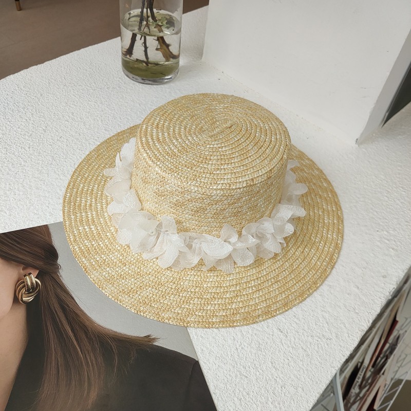 Women's Pearl Lace Flat Top Straw Hat
