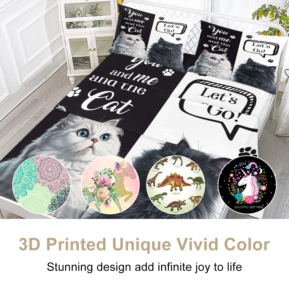 Cat Sheet, Pretty Cat Sheets Set 4Pcs,Black White Flat Sheet,Cute Animal Printed Bed Set With 1 Fitted Sheet 1 Flat Sheet 2 Pillowcases