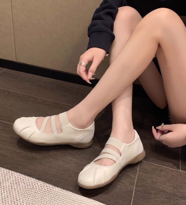 Women Summer New Flat Soft Leather Mary Janes, Versatile Hollow Out Shallow Mouth Ballet Style Casual Flats product image