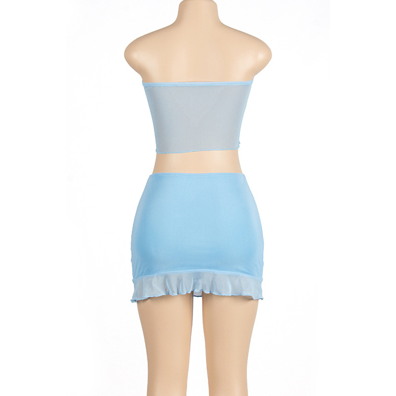 Title 7, Hot Girl Summer Pure Color Mesh Top & rok set, ...