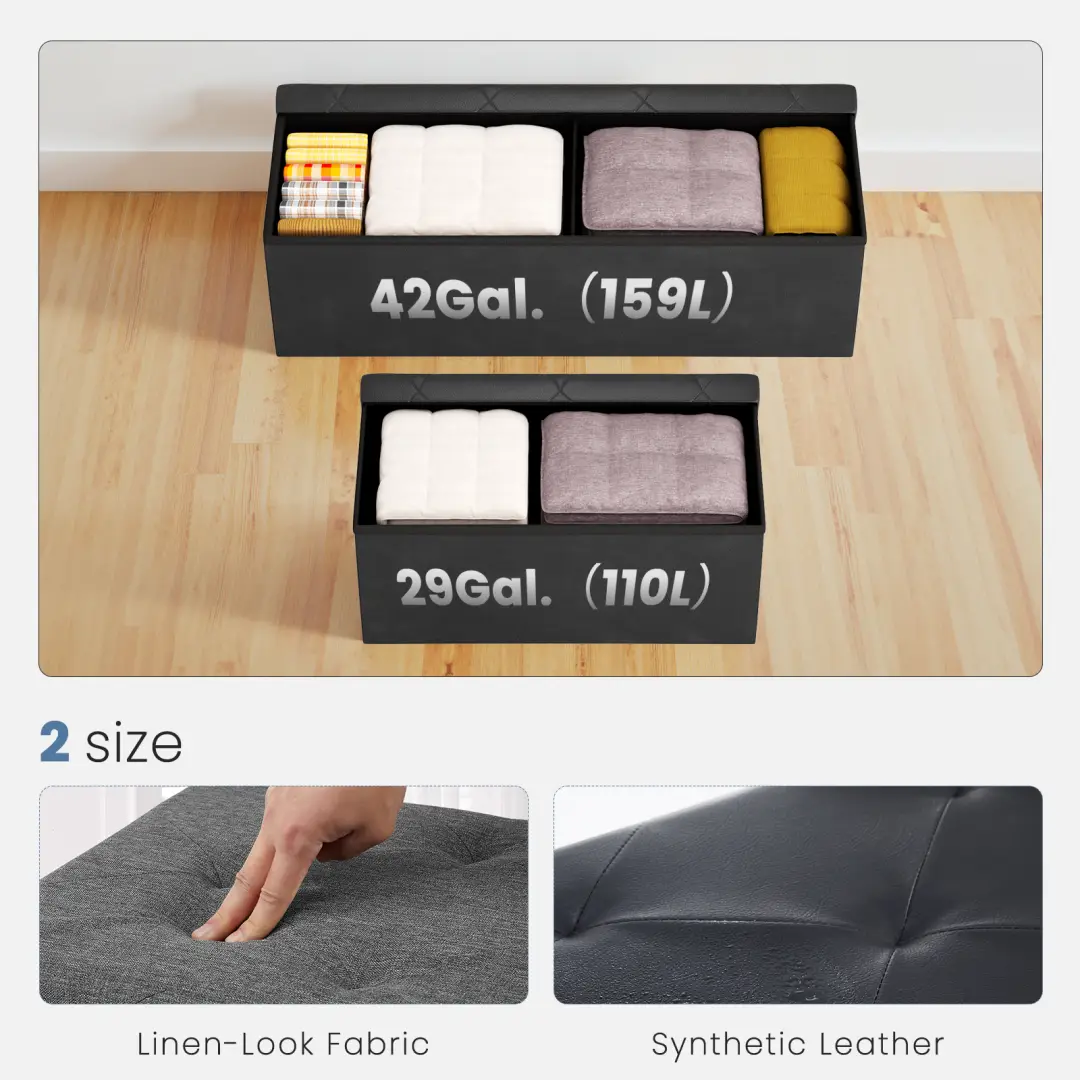 Foldable Storage Ottoman Bench 43in, Foot Rest Stool, Synthetic Leather Storage Chest With Thicker Foam Padded Seat For Entryway Living Room