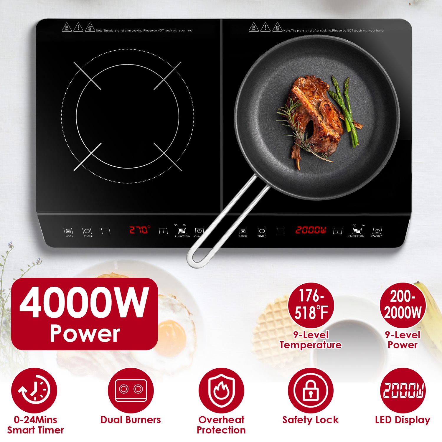 1Pc 4000W Induction Cooktop Portable Double Induction Cooker Electric Dual Burner Stove Countertop Hot Plate With 9 Power 9 Temperature 3H Timer