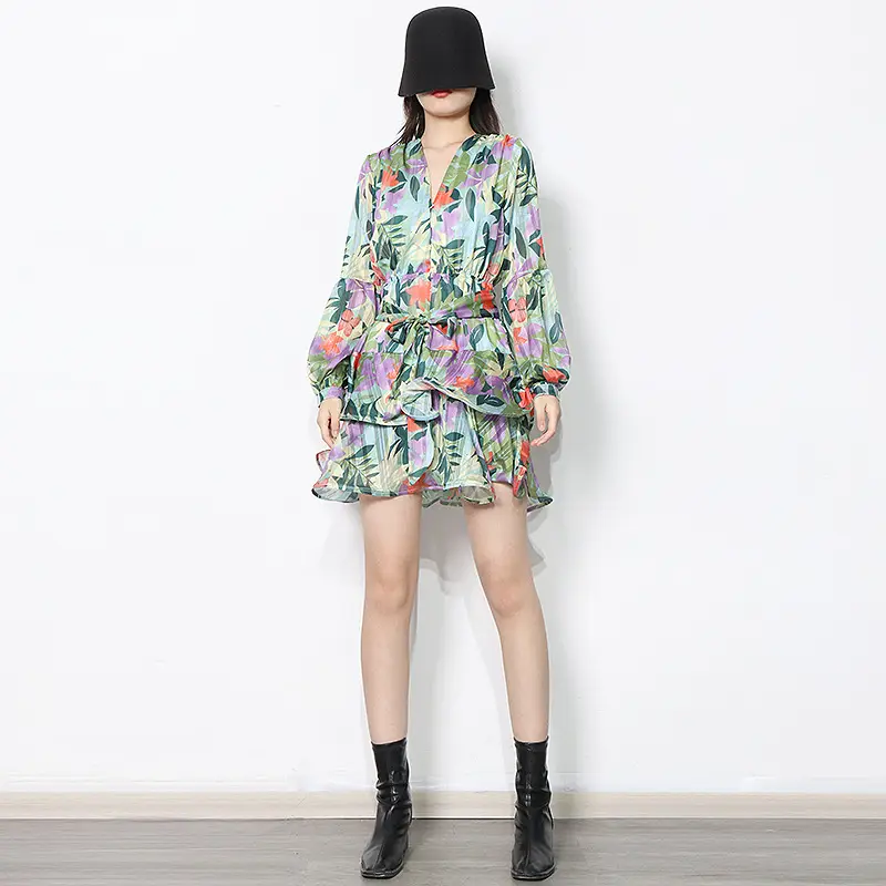 Spring V-Neck Long Lantern Sleeve Ruffle Print Women's Dress