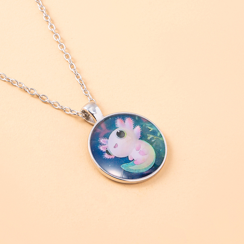 Cute Cartoon Salamander Round Glass Dome Cabochon Pendant Necklace