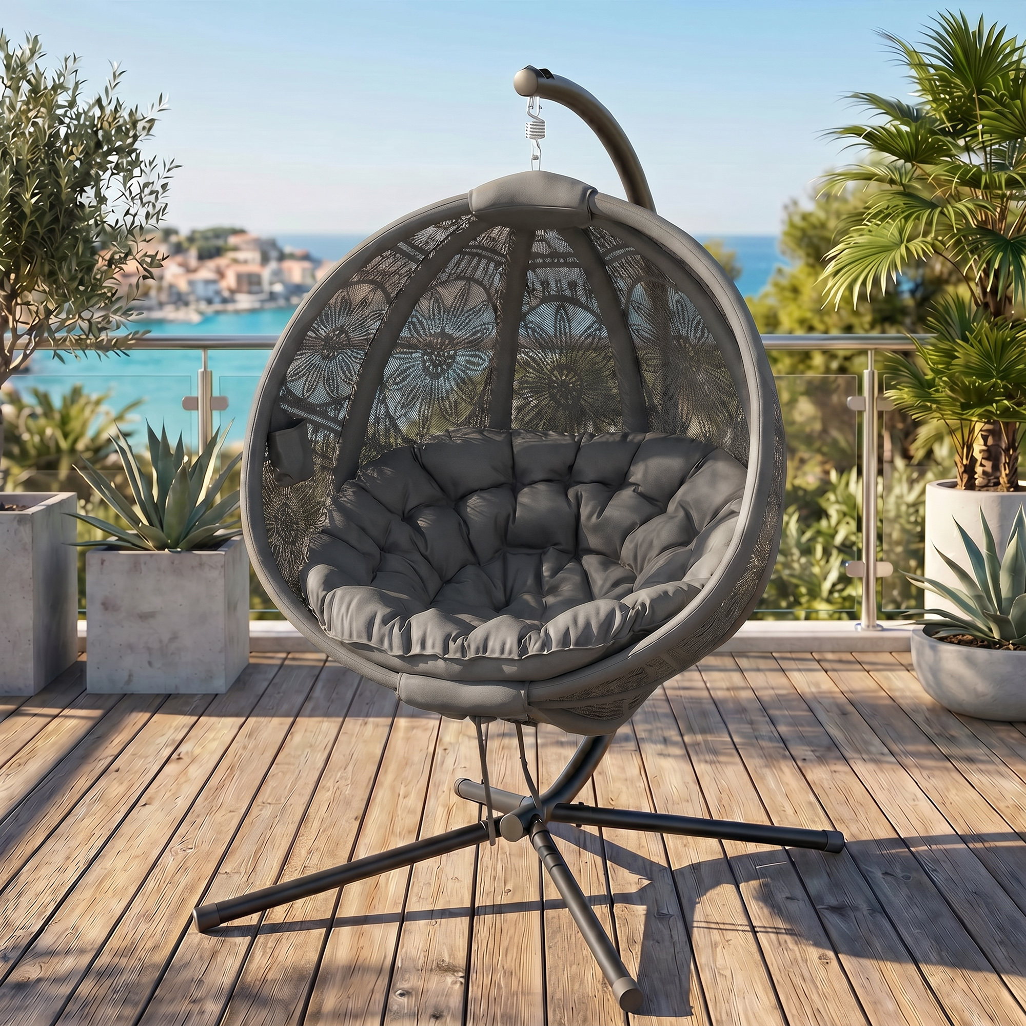 Round Egg Basket Chair With Steel Bracket, Charcoal Gray — image 9