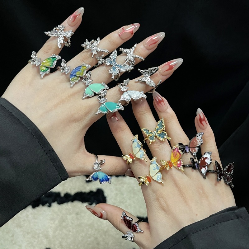 Butterfly Oil Drip Open Ring, Niche Unique Design, Ins Cold Style Stackable Index Finger Ring For Women