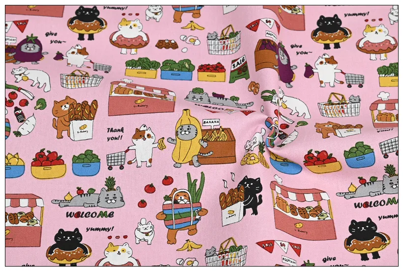 Thick Cotton Cute Cat Print Fabric Handmade DIY Mouth Gold Bag Tablecloth Cloth Cotton Pure Cotton - Pink