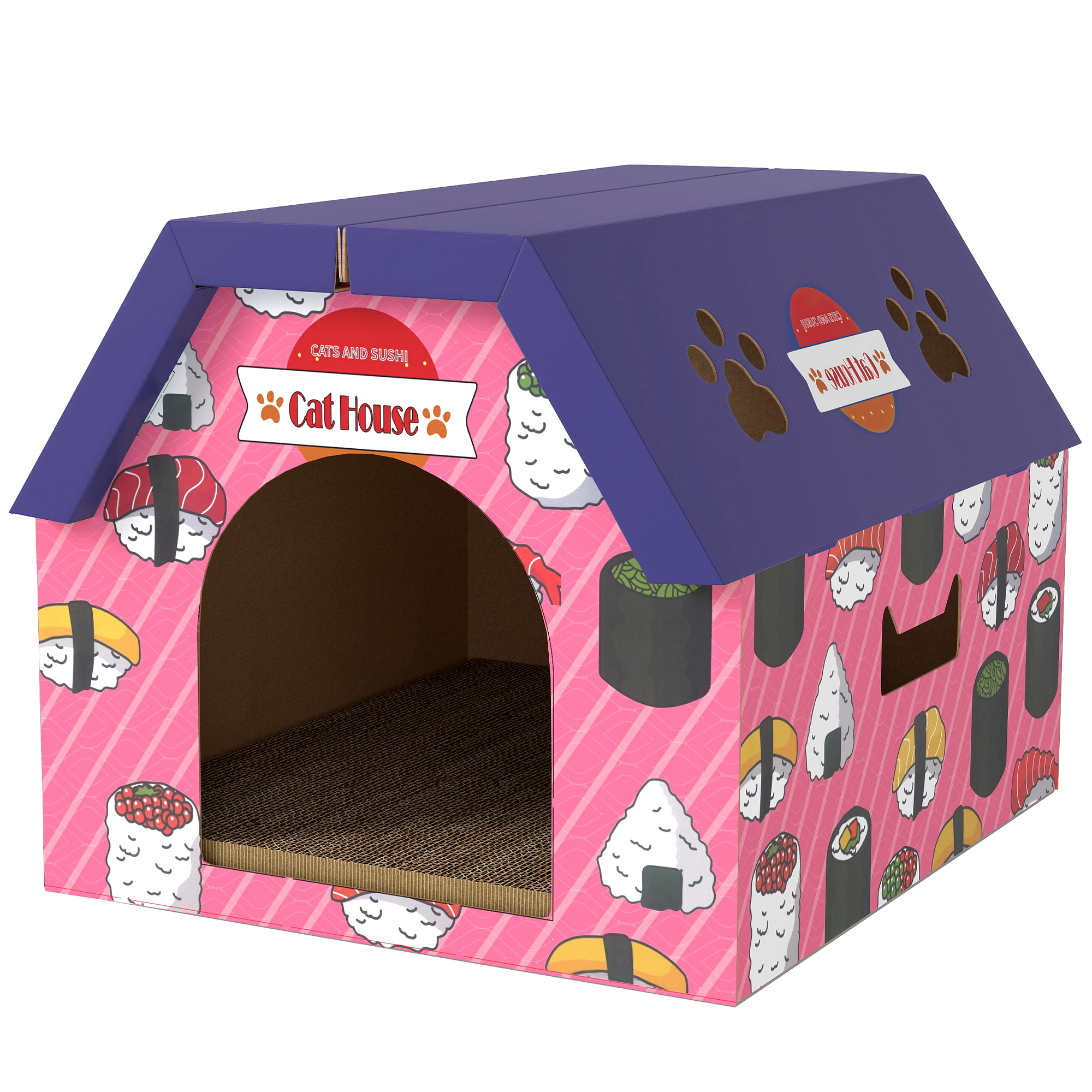 2 In 1 Gaming Style Cardboard Cat House With Scratching Board & Catnip For Indoor Cats - Default