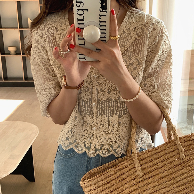 Gentle Apricot Vintage Wavy Sheer Jacquard Lace Shirt