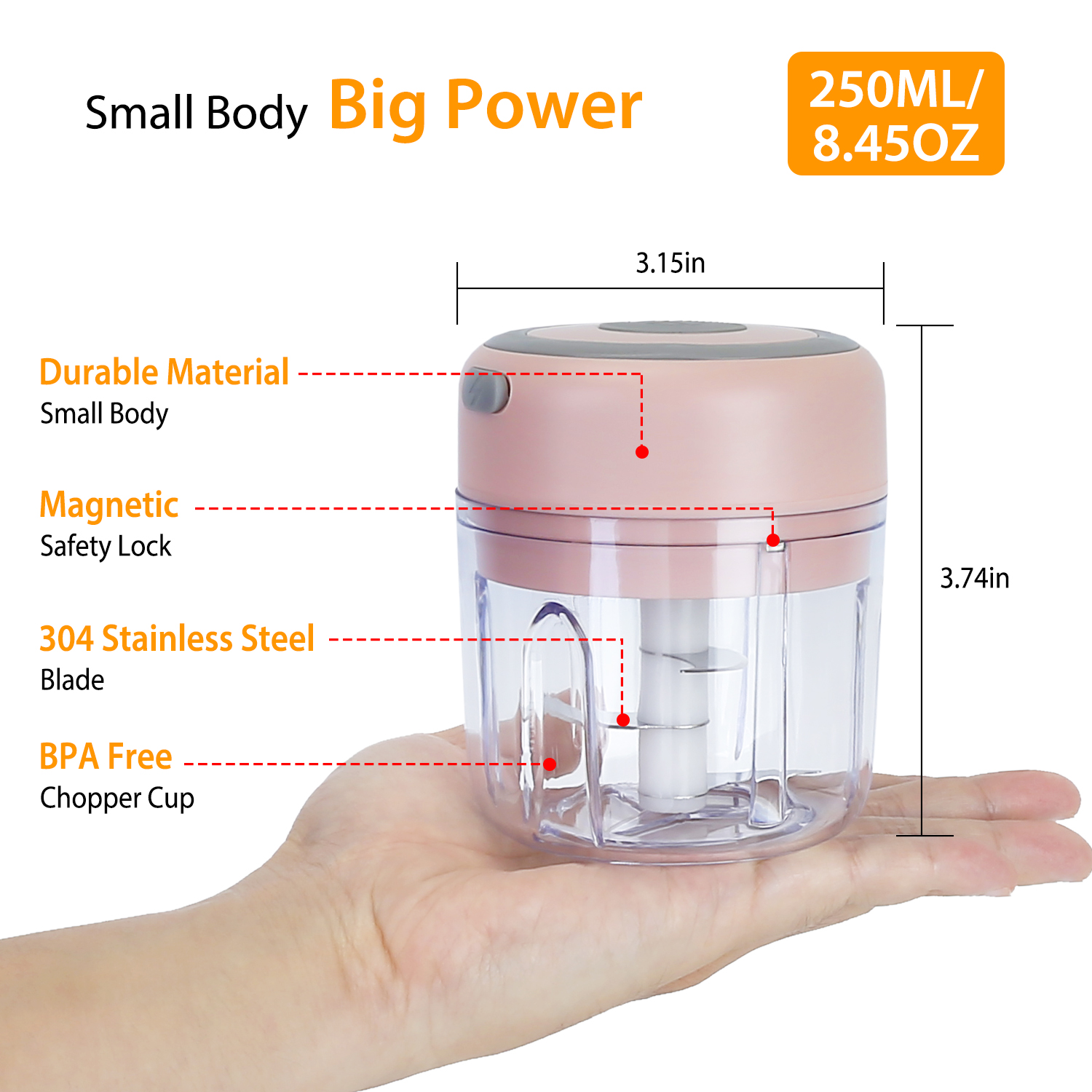 Mini Electric Garlic Chopper 8.45OZ Cordless Garlic Mincer Food Chopper Rechargeable Food Blender Chili Nut Onion Pepper Meat Ginger Food - Image 5