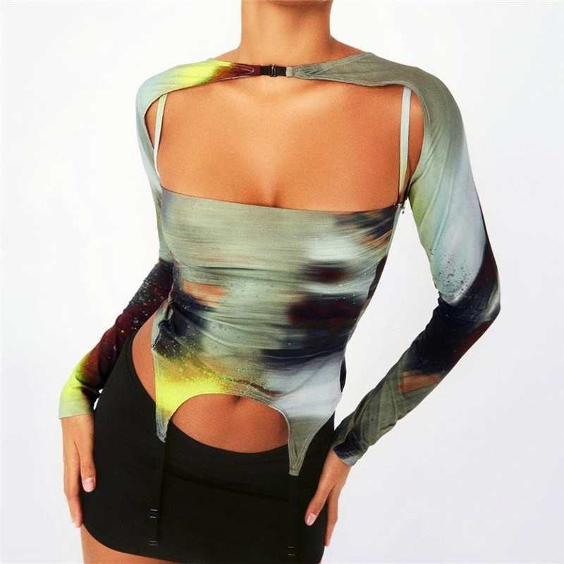 Printed Sexy Square Neck Slim Tank Long Sleeve Vest Set