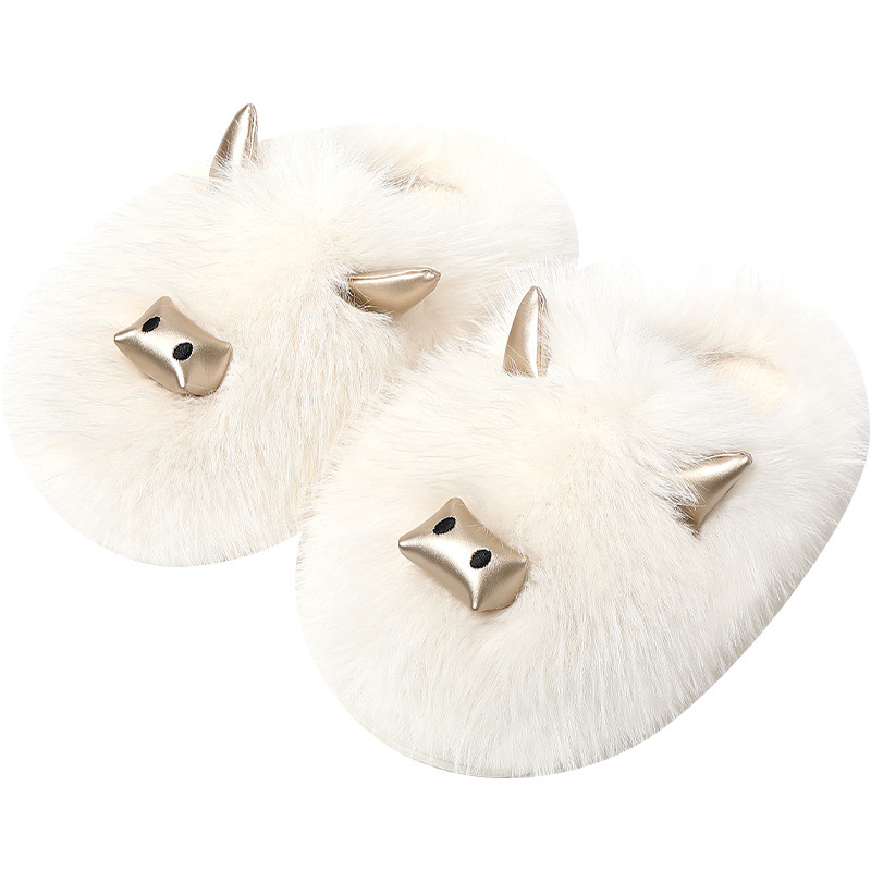 Title 3, Three-dimensional Metal Horn Fluffy Slippers Fe...