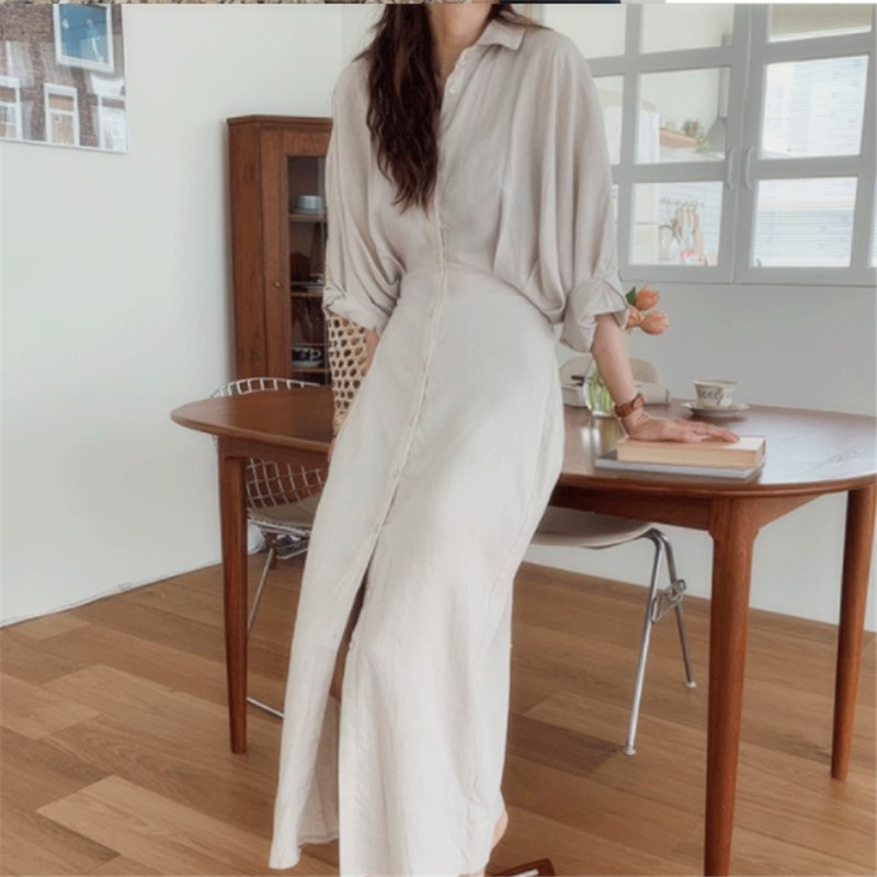 Women's Knee Length French Retro Cotton Linen Dress