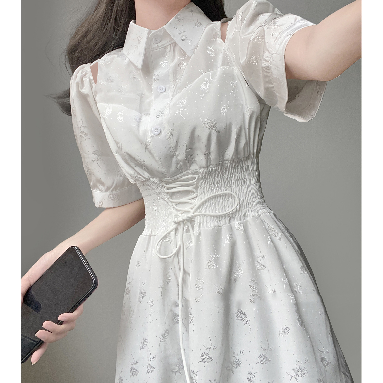 Off-shoulder Shiny Shirt Dress With Straps