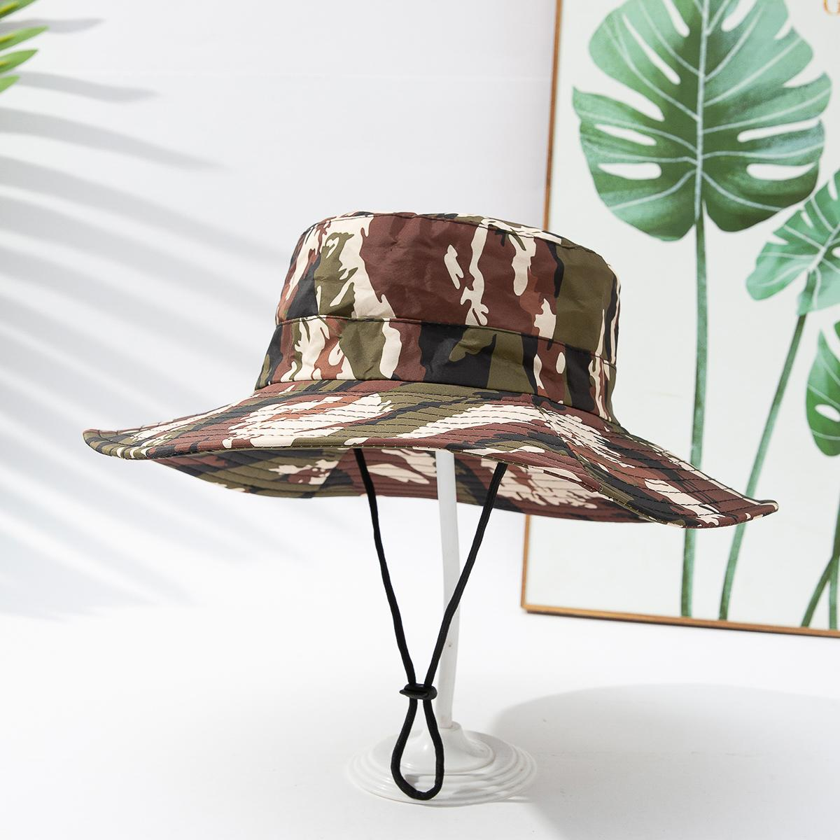 Men's And Women's Identical Color-matched Printed Wide-brimmed Collapsible And Portable Windproof Rope Outdoor Functional Style Fisherman Hat Suitable For Hiking, Fishing And Beach Activities.