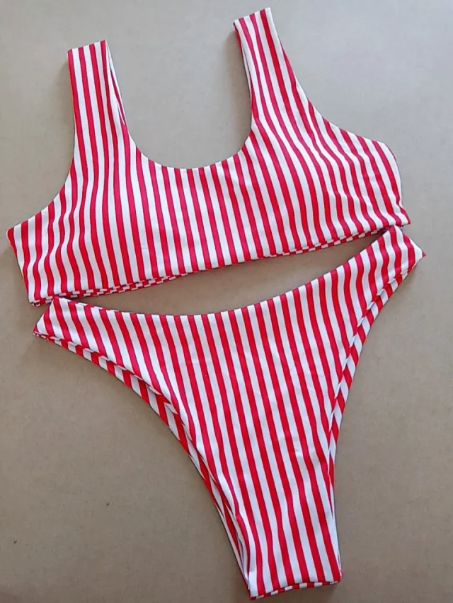 Striped printed bikini split swimsuit Red - Shop at LoveMi