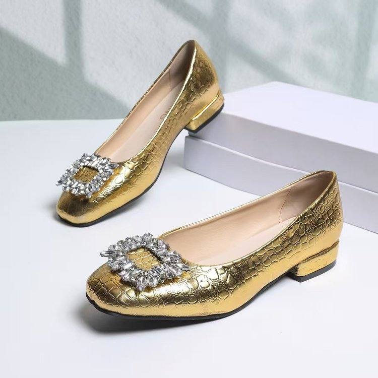 Women's Gold Crocodile Print Square Toe Rhinestone Buckle Low Heel Pumps Elegant Dress Shoes