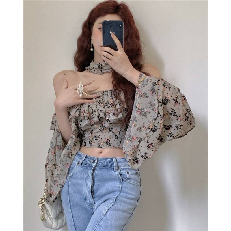 Fashion Floral One-shoulder Bottoming Shirt French Style