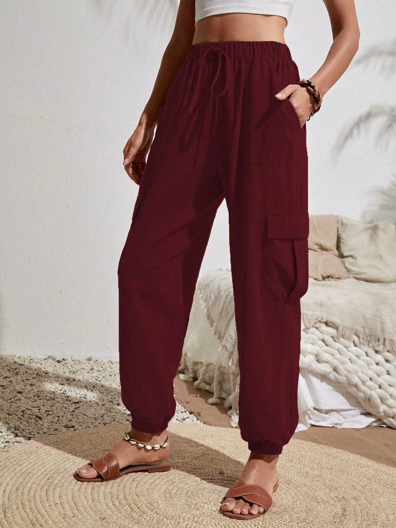 New Drawstring Overalls With Pockets Summer Cool Trousers Casual Versatile Solid Color Skinny Pants Womens Clothing Wine - Shop at LoveMi