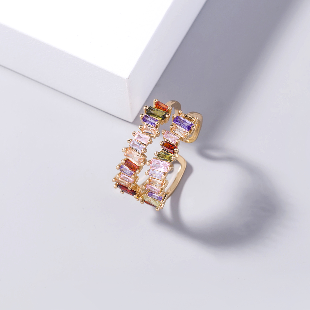 European and American jewelry Ins net red irregular square double row color zircon ring fashion rainbow gem ring female