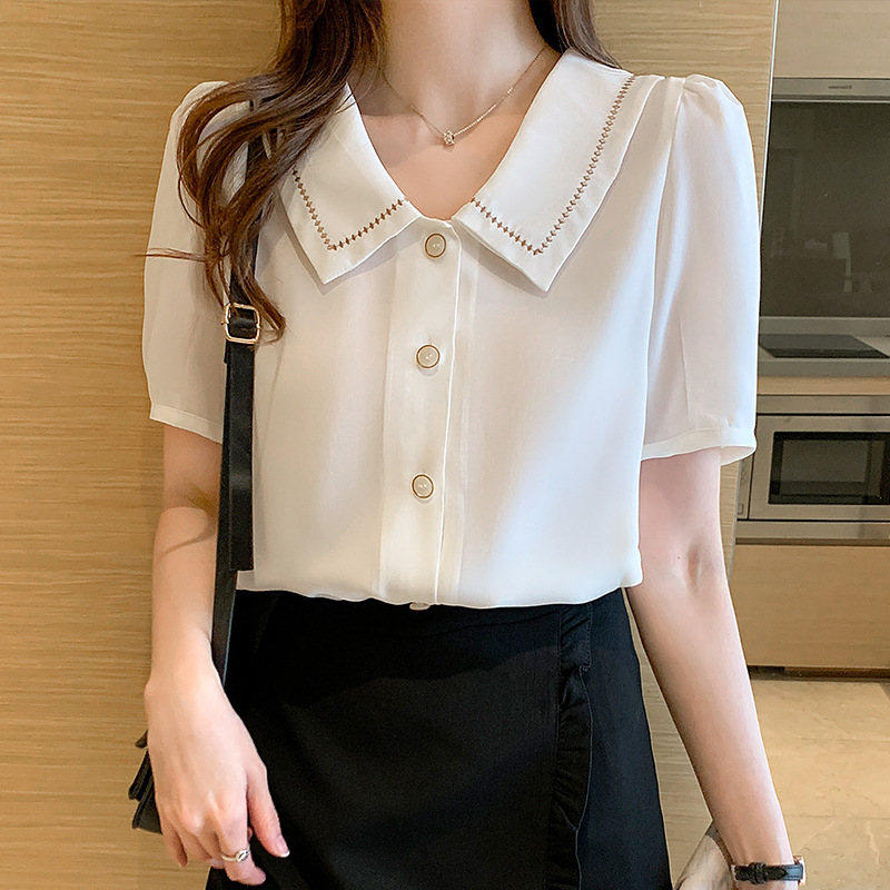 Doll Collar Chiffon Shirt For Women White - Shop at LoveMi