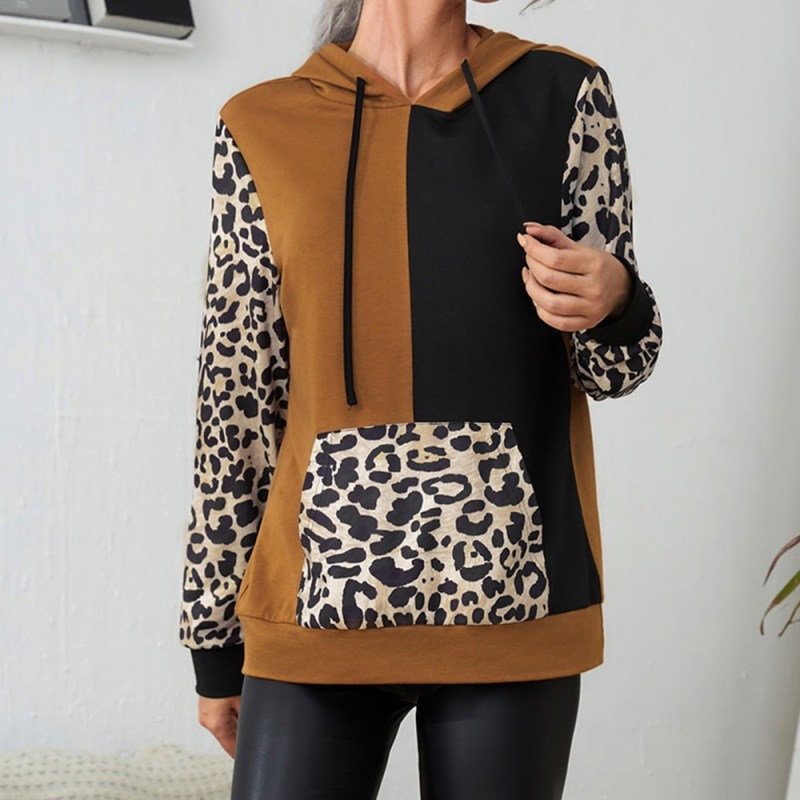 Casual Leopard Print Color Block Long Sleeve Round Neck Hoodie