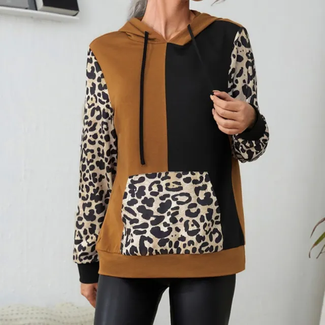 Casual Leopard Print Color Block Long Sleeve Round Neck Hoodie Turmeric - Shop at LoveMi