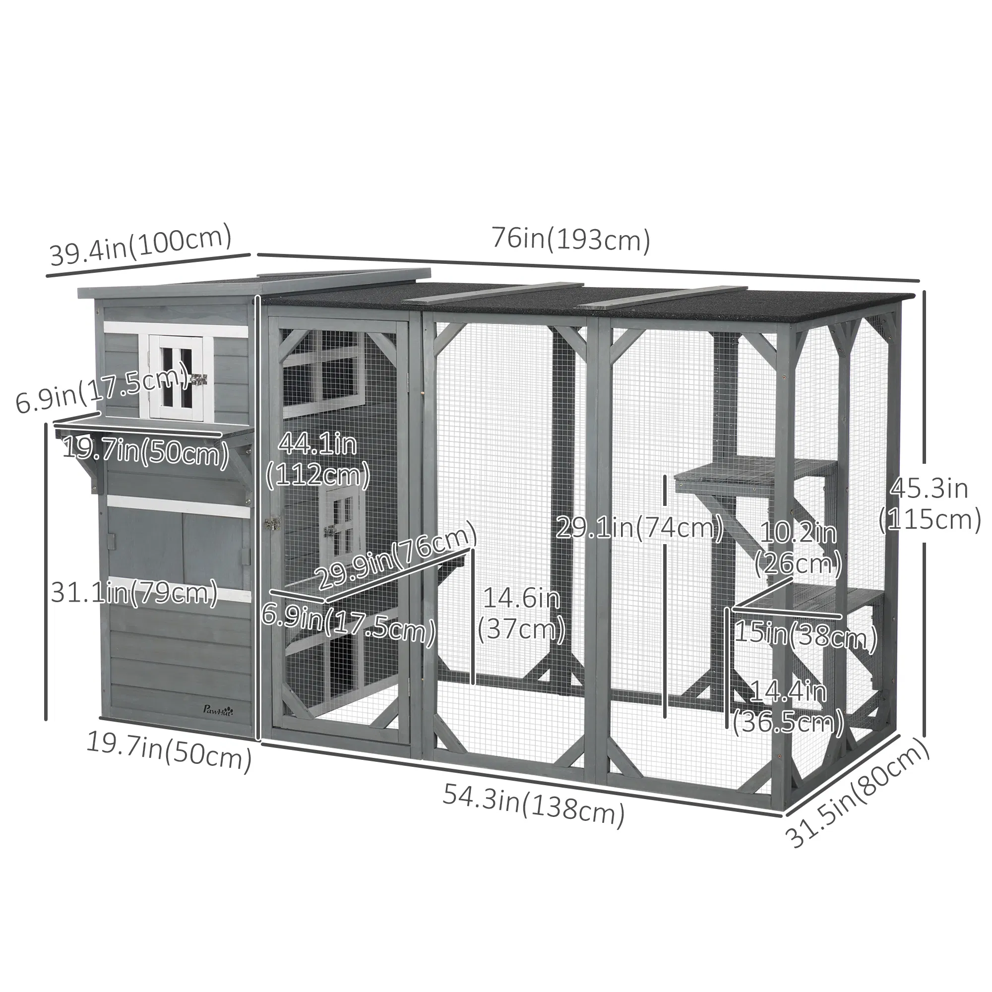 Wooden Cat Catio, 76"L Walk in Outdoor Cat House with Asphalt Roof, Platforms, Lockable Doors, 3-tier Resting Condo, Observation Window, for 2-3 Cats, Light Grey — image 1