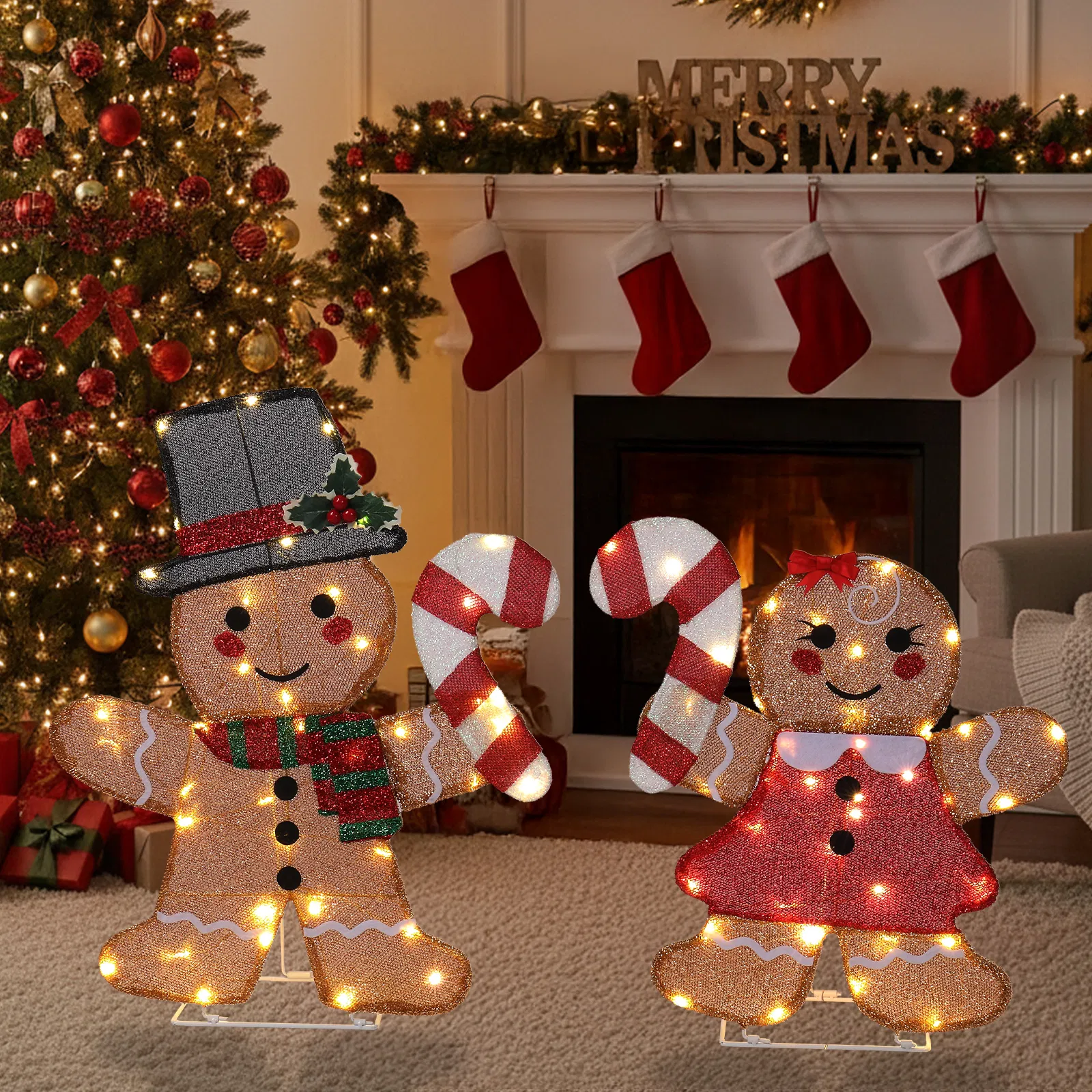 Set of 2 Lighted Gingerbread Man and Candy Cane Christmas Decorations, Pre-lit 2D Holiday Decor with 80… image 10