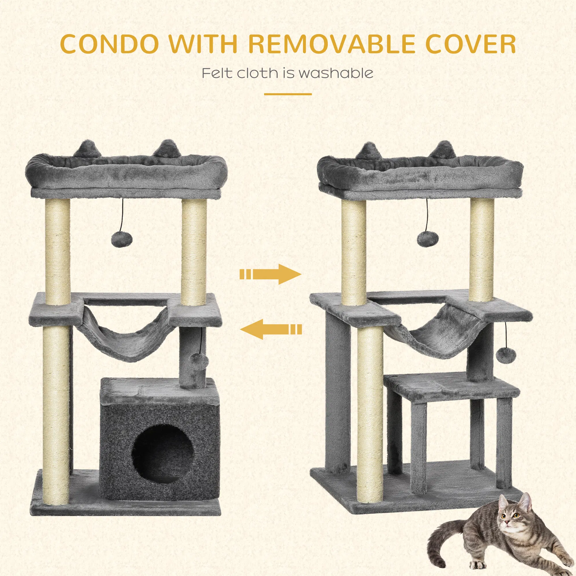 39.25'' Cat Tree Tower Multi-Level Kitten House with Scratching Post Condo Hammock Bed Ball Toy - Gray — image 1