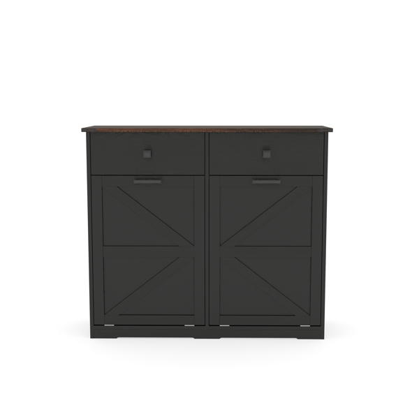 Farmhouse Black Double Tilt Out Trash Cabinet for 20 Gallon Trash Cans, Free Standing Recycling Cabinet with Hideaway Drawer, Barn Door Style Laundry Sorter Cabinet, Tilt Out Trash Cabinet for Kitchen-24