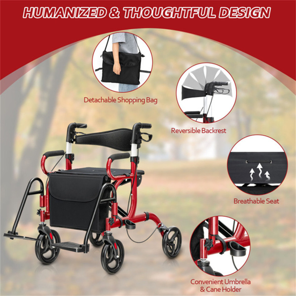 2-in-1 Rolling Walker & Wheelchair : 6-Position Height Adjustment (34