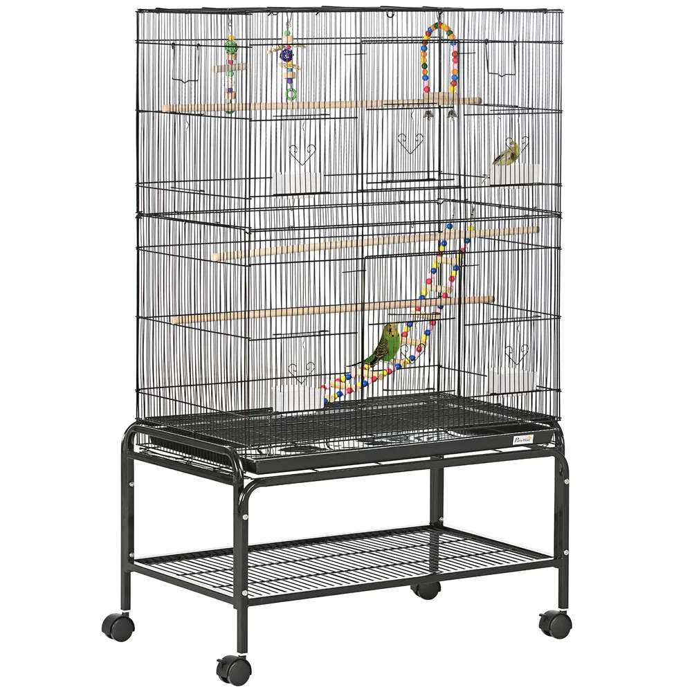 52" Bird Cage with Rolling Stand, Toys, for Budgies Canaries Black