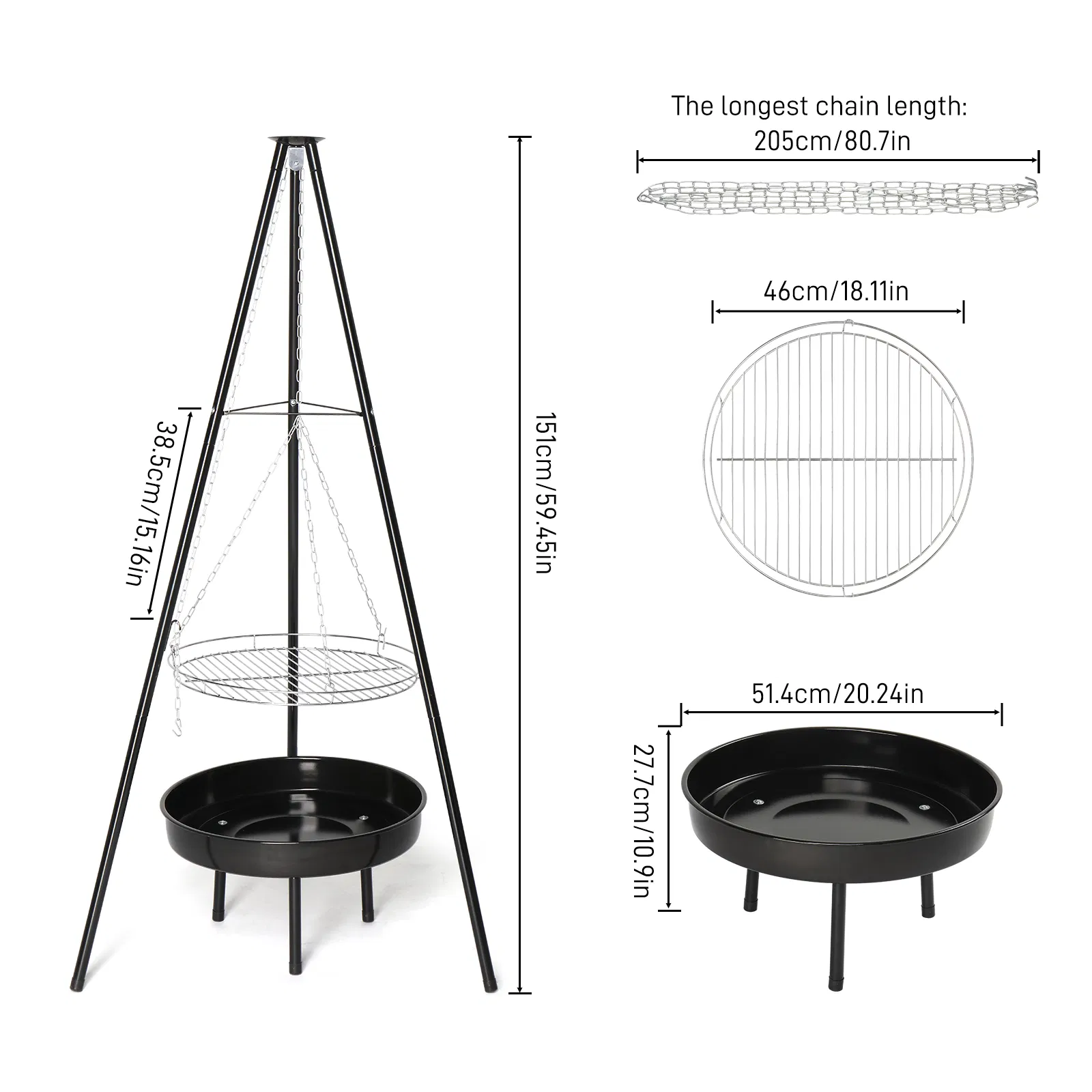 Campfire Tripod Grill, Adjustable Height BBQ Grill Grate with Fire Bowl for Outdoor Camping BBQ, Black image 4