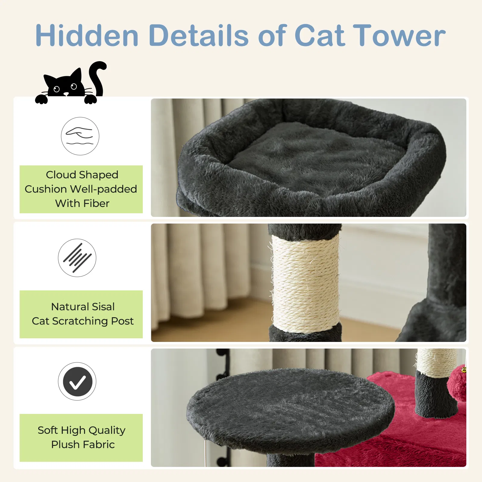 44 inch Cat Tree Tower, Multi-Cat Climbing Tower with, Natural Sisal Scratching Posts, Extended Platform, Hammock image 6