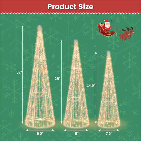 3-Piece Pre-Lit Christmas Cone Trees - 90 Warm White LEDs+Star Beaded Strings, Waterproof, 32
