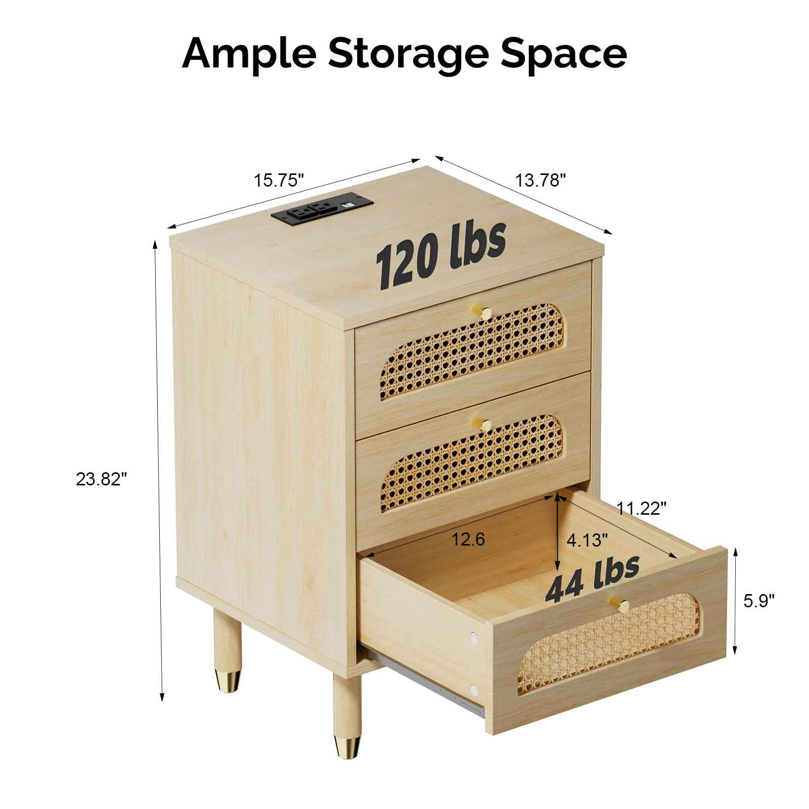 3-Drawer Nightstand with Rattan-Style Finish 15.75"*13.78"*23.82" with Power Outlet Oak image 5