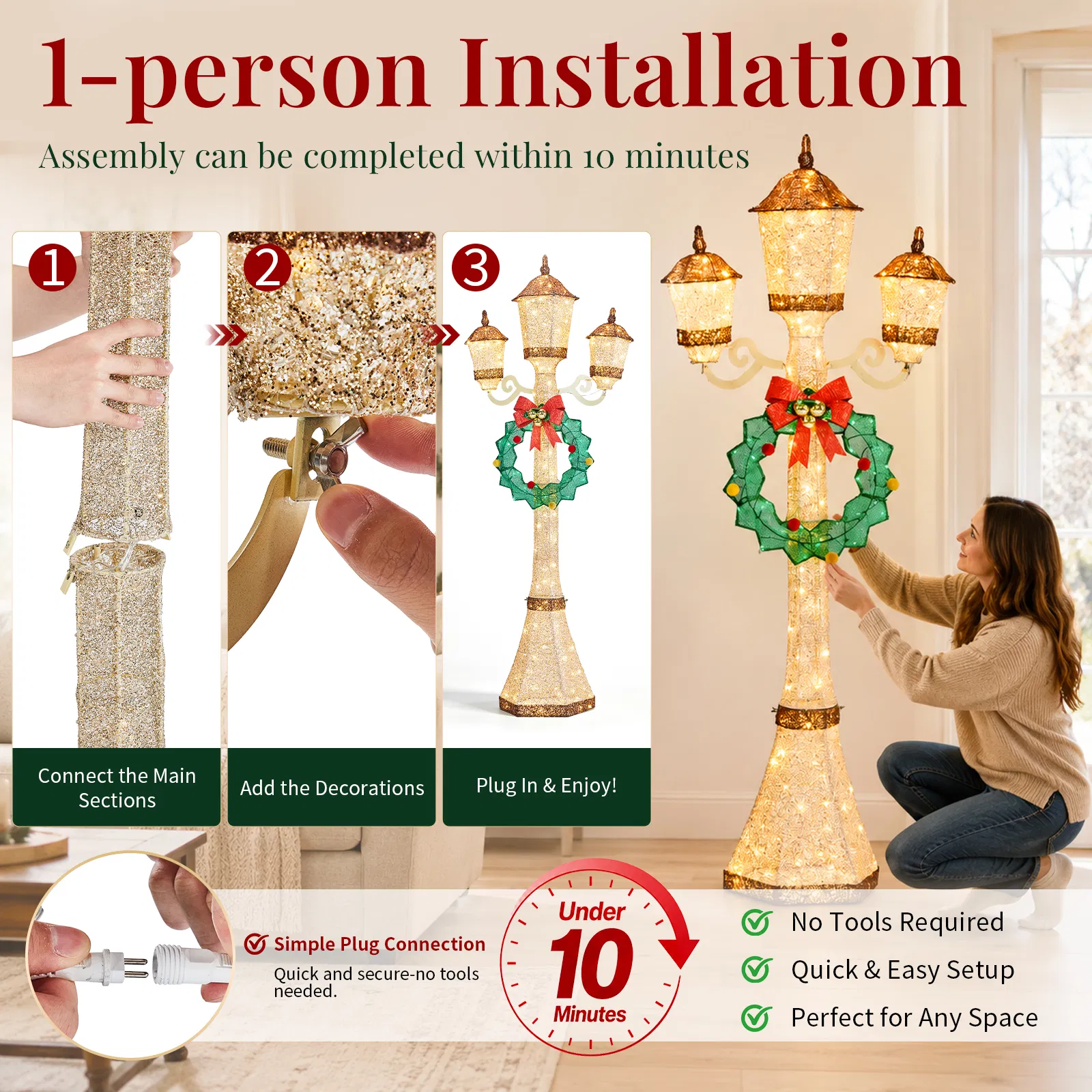 6FT Gold 3-Head Street Lamp with Wreath, 210 Warm White LEDs, Christmas Light Post, US Plug image 8